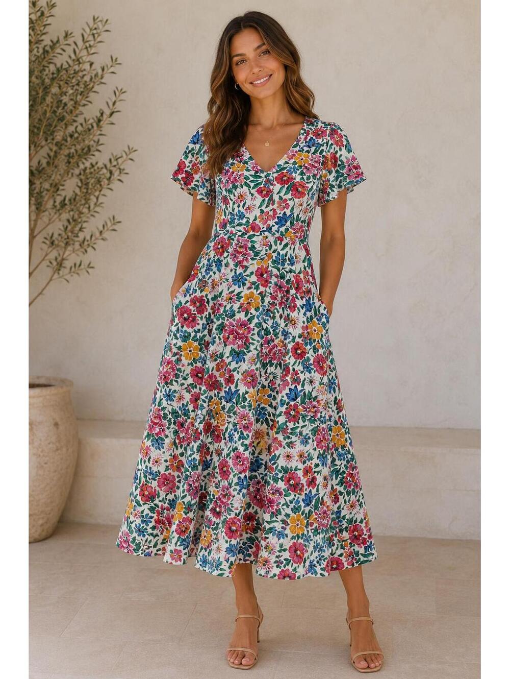 Mango Casual Floral Button-Front Midi Dress with Pockets